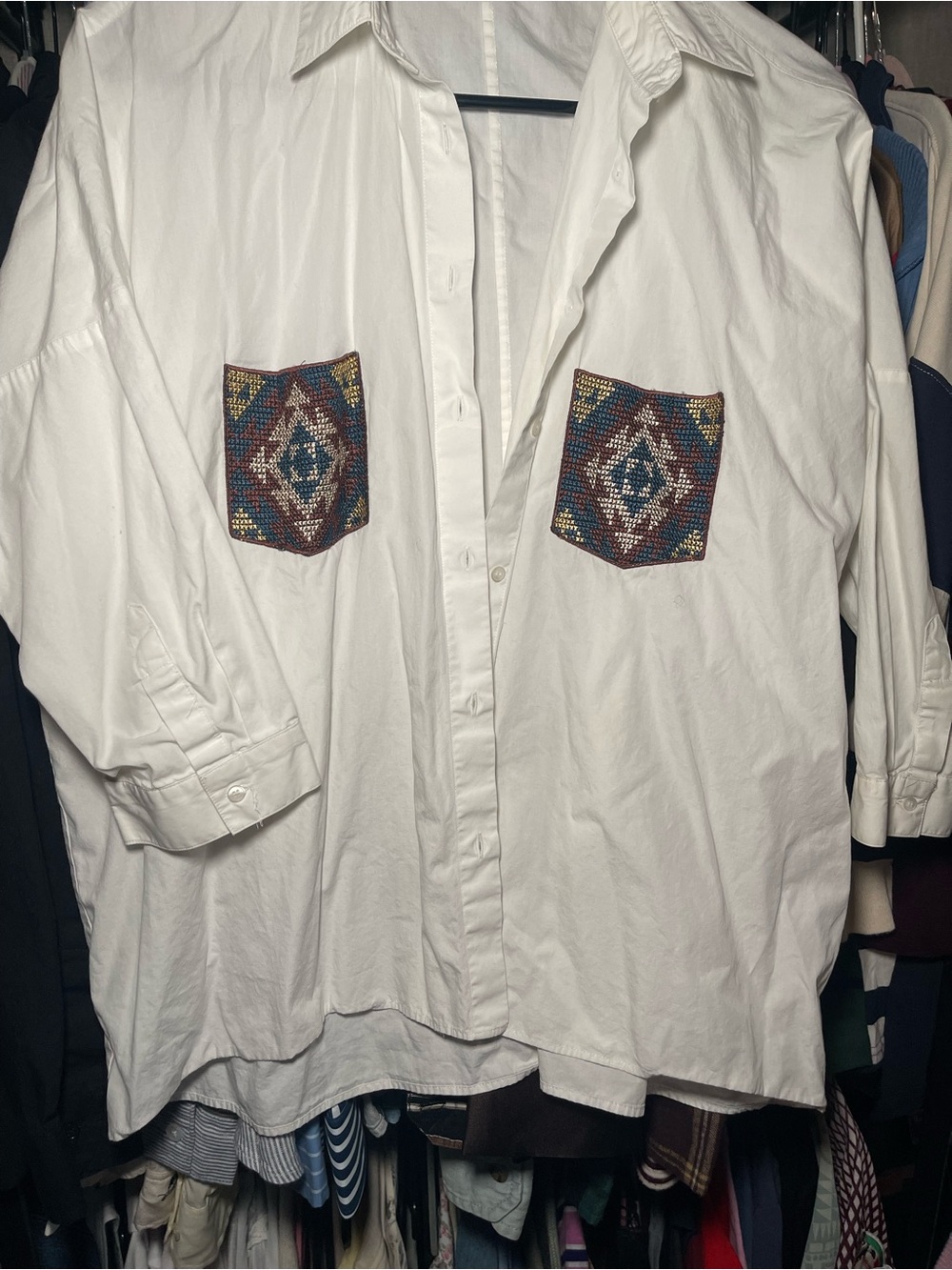 White Zara Button Down Shirt Southwestern Embroidered Pockets